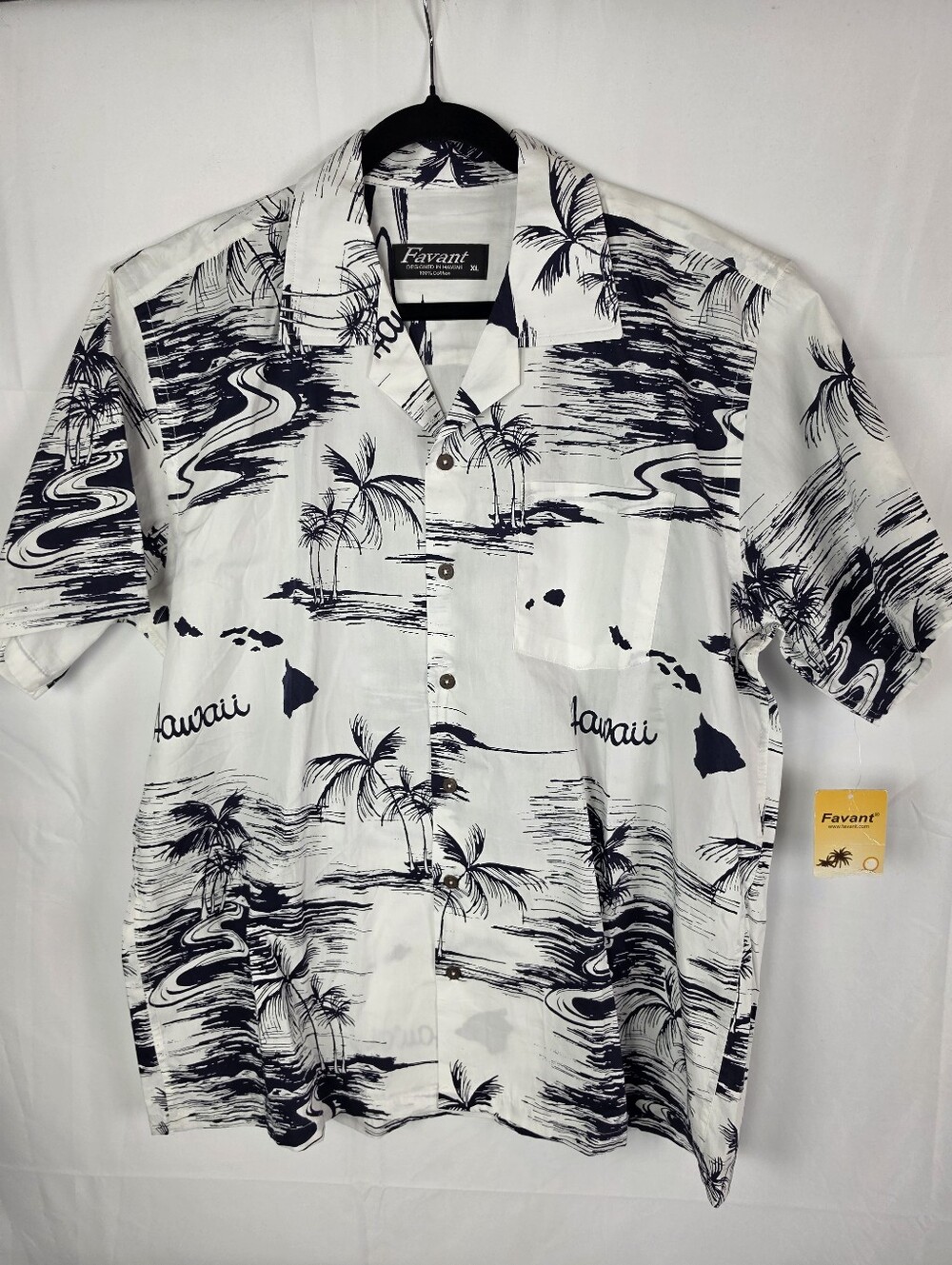 Favant Hawaiian Camp Shirt XL 100% Cotton Black White Tropical Island Print NWT